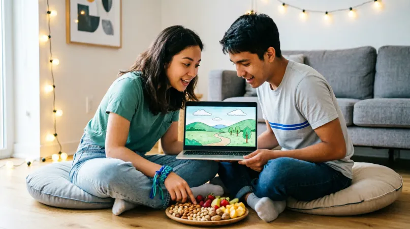 Two friends on floor cushions with snacks, excited while watching an animated landscape on a laptop
