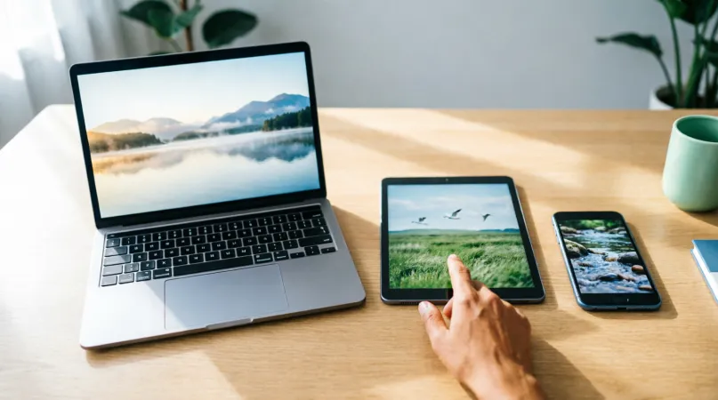 A laptop, a tablet and a phone on a desk, each playing a different landscape video, with a hand choosing between them