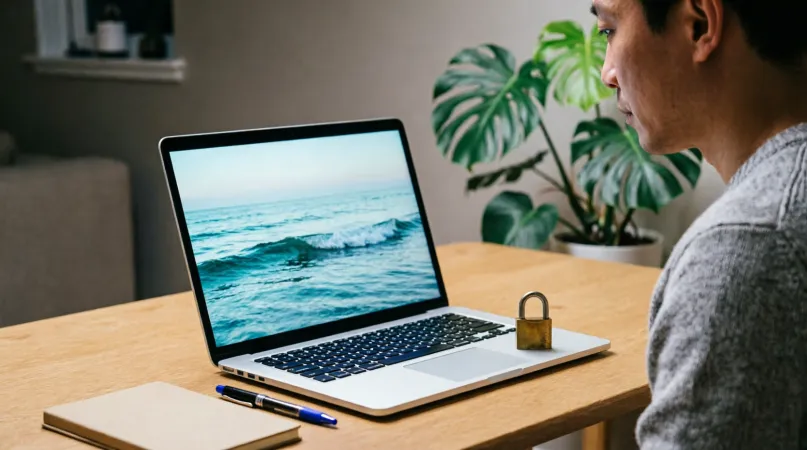 A man at his desk carefully looking at his laptop, with a small brass padlock next to the keyboard and an ocean video on screen