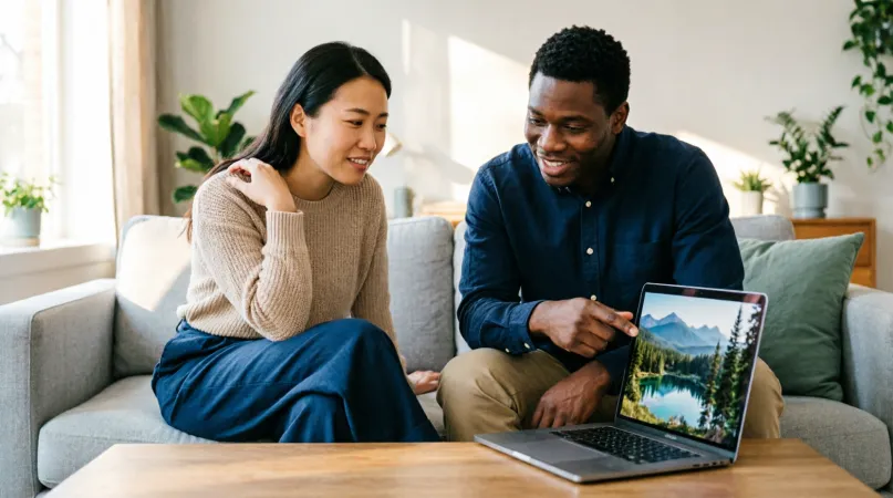 Two friends on a sofa, one pointing at a laptop showing a lake scene while helping the other