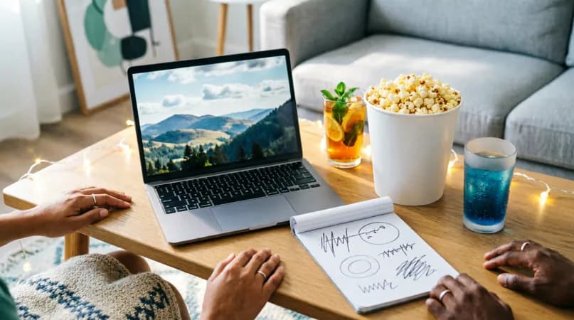 A coffee table set for a watch party with a laptop playing a film, popcorn, drinks, a notepad and string lights