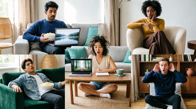 Five friends in different living rooms reacting in surprise at the same moment while watching a film