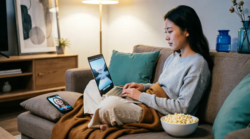 A woman wrapped in a blanket on her sofa watching a film on her laptop at night, with a friend smiling on a video call on her phone