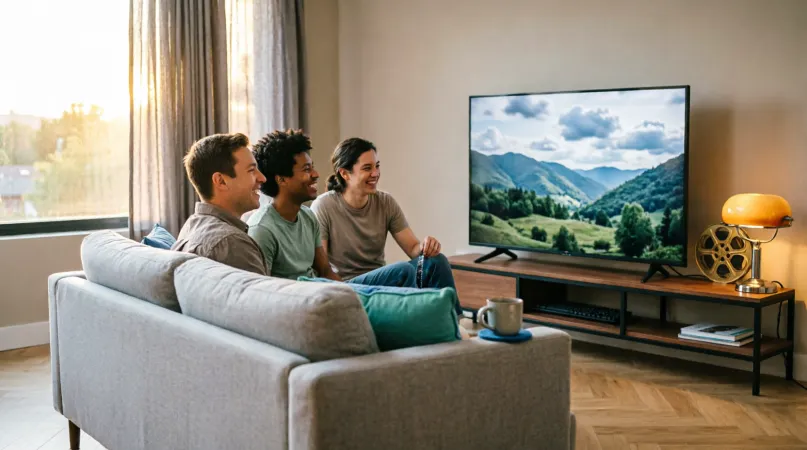 Three friends on a sofa laughing at a mountain film on a big screen, with a vintage film reel and a retro lamp on the shelf