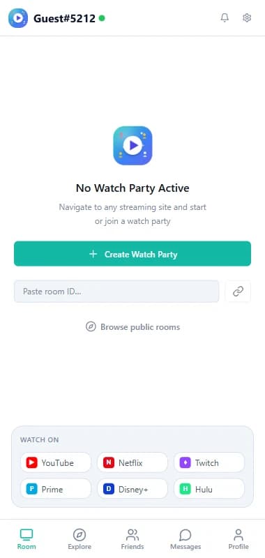 Room tab with the Create Watch Party button, room ID field and supported sites