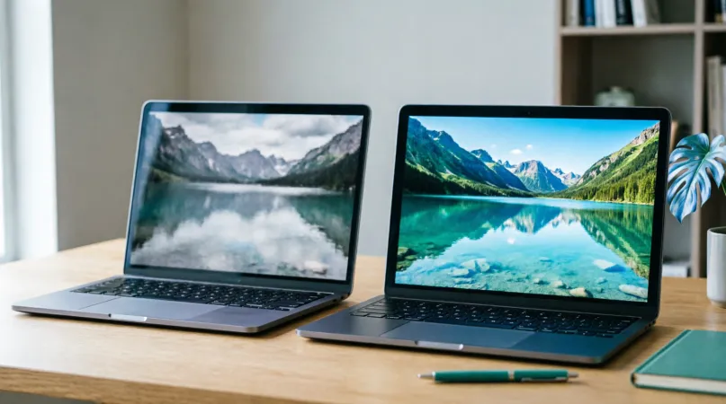 Two laptops side by side showing the same lake scene: faded and low quality on the left, sharp and vivid on the right
