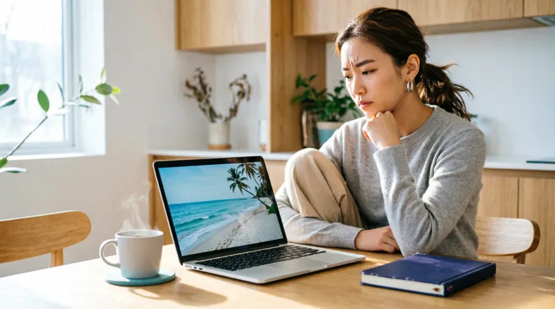 A woman at a kitchen table thinking it over, chin on hand, while a beach film plays on her laptop