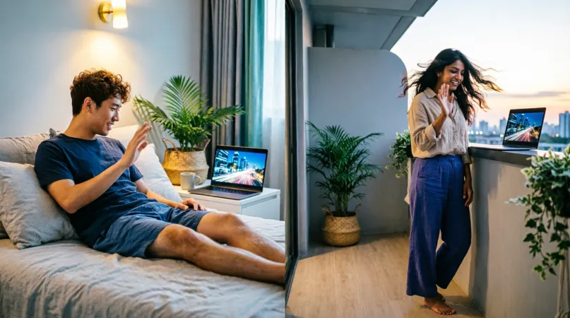 Two friends in different places waving at their laptops, one on a bed at night and one on a balcony at dusk, both watching the same city film