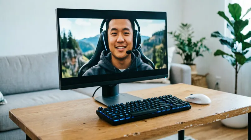 A desk with a backlit keyboard and a monitor showing a smiling friend wearing a gaming headset on a video call