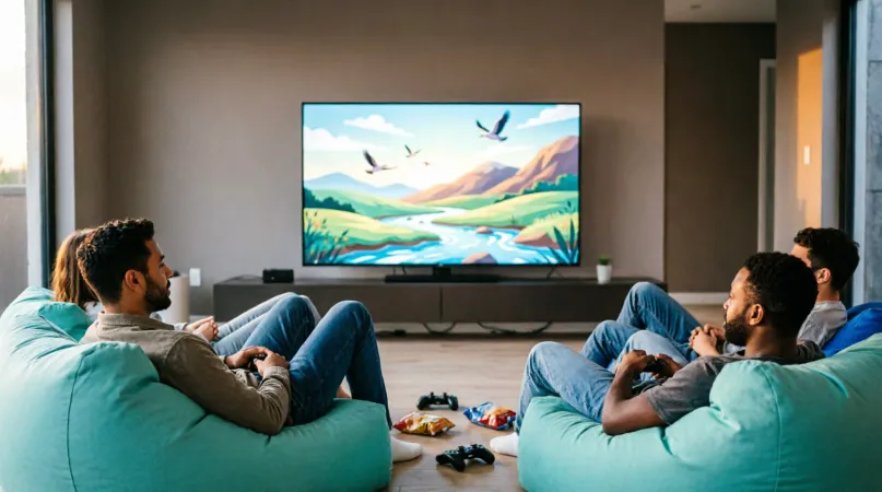 Friends relaxing on teal beanbags with game controllers and snacks, watching a colorful animated landscape on a big screen