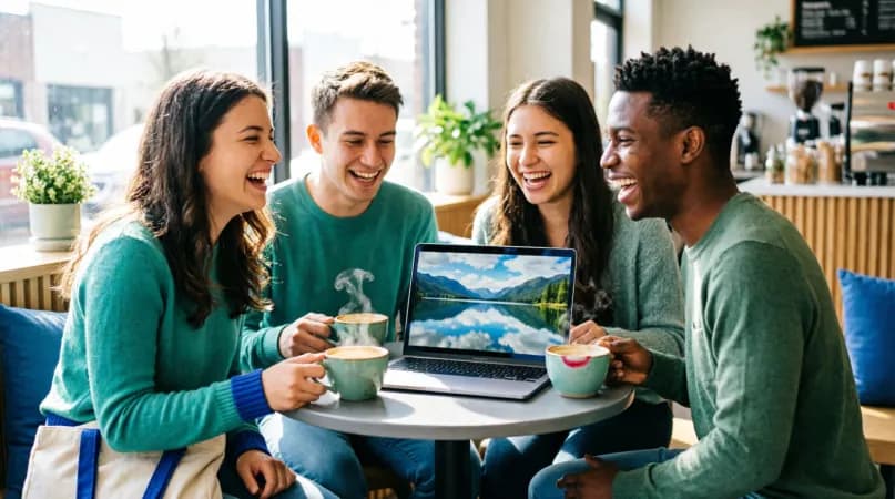 Four friends laughing around a café table sharing one laptop playing a mountain-lake video, with cups of coffee