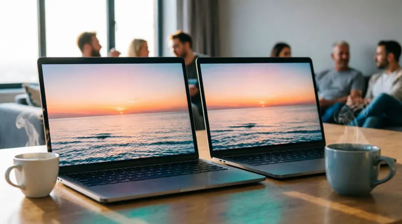 Two laptops side by side on a wooden table showing the same ocean sunset, with two mugs in front and friends chatting in the background