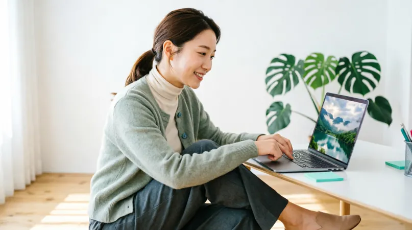 A smiling woman at her laptop in a bright room, a paused landscape video on screen