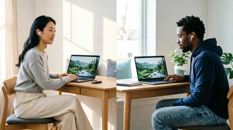 Two people at desks in different rooms watching the same nature video on their laptops with earbuds in