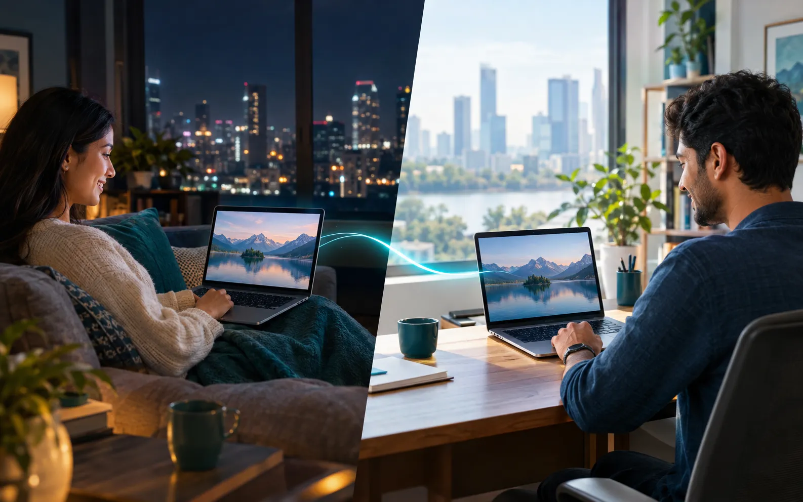 A woman on a sofa at night and a man at a desk in daylight in another city, smiling at the same mountain-lake scene on their laptops