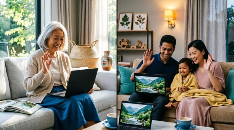 A grandmother in her living room and a young family on their sofa waving while watching the same nature video on their laptops