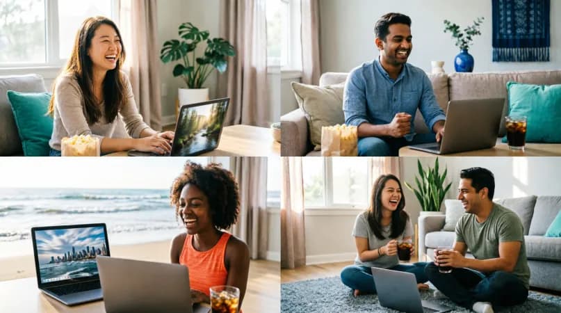Four friends in different homes laughing while watching the same movie on their laptops