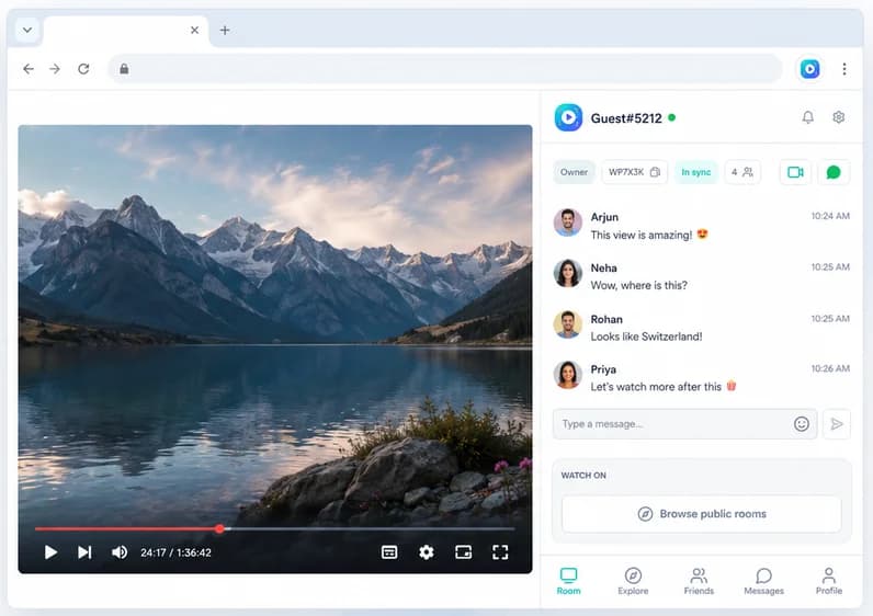 Watch Party side panel open next to a video, with the room chat and in-sync status