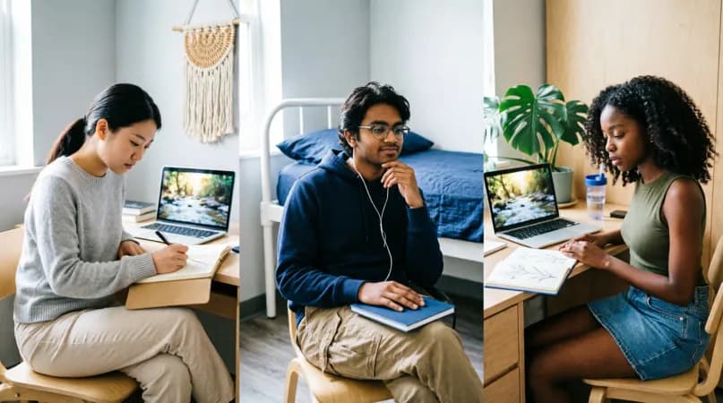 Three students in different dorm rooms taking notes while watching the same video on their laptops