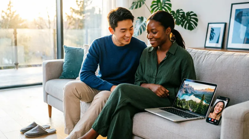 A couple on a sofa smiling at a film on their laptop while a friend joins on a video call from a phone beside it